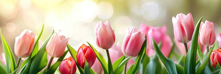 A colorful field of tulips in full bloom under soft sunlight, capturing the essence of spring with pink and red flowers standing tall in the garden.