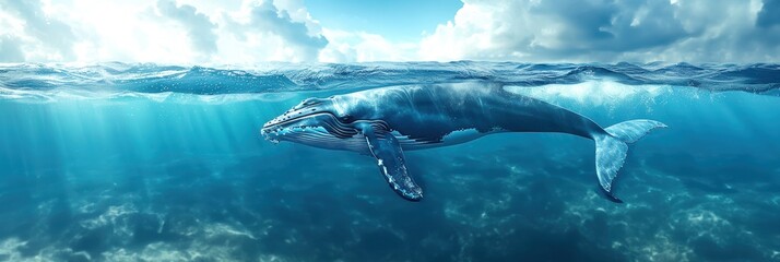 Fototapeta premium A majestic humpback whale swims gracefully in the deep blue ocean, illuminated by sunlight filtering through the water surface.