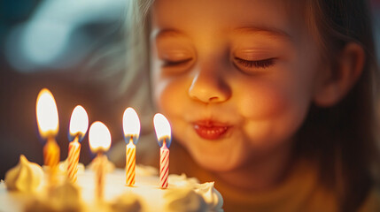 Photography of a close-up of a birthday child blowing out candles on their cake, with a focus on their smiling face and the glowing candles, capturing a memorable moment from the birthday celebration 