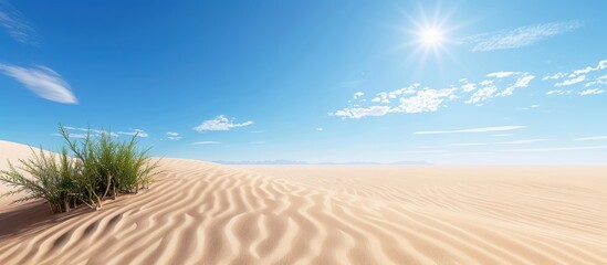 A serene desert landscape with rippled sand dunes under a bright blue sky and radiant sun, featuring sparse greenery.