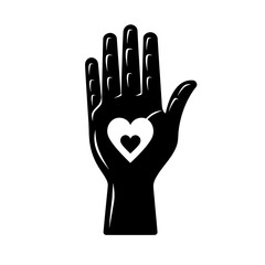 Obraz premium Hand with heart icon vector flat simple minimalistic, white background, black color , on the left side of hand there is only an open palm and in front it has small heart symbol , logo design concept.