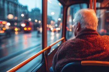 Elderly Man Reflecting on a Rainy Evening Bus Ride