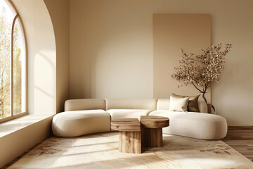 Modern living room interior design with a curved sofa, wooden coffee table, and a large window.