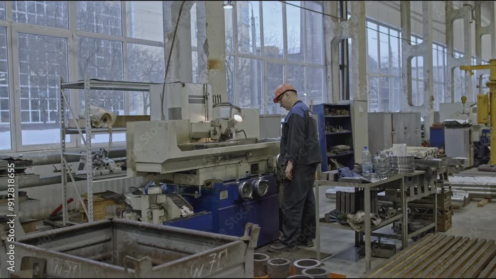 Poster worker with helmet at factory with metalworking machines. stock clip. specialty of working at factor