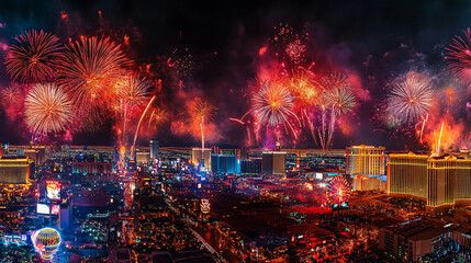 Obraz premium A panoramic view of a grand New Year’s Eve fireworks display over a cityscape, with vibrant colors lighting up the sky and reflecting off the buildings, creating a breathtaking scene for the 