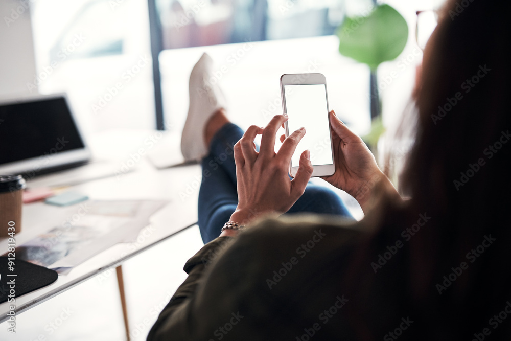 Poster hands, phone screen and relax with design employee at desk of office for social media management. br