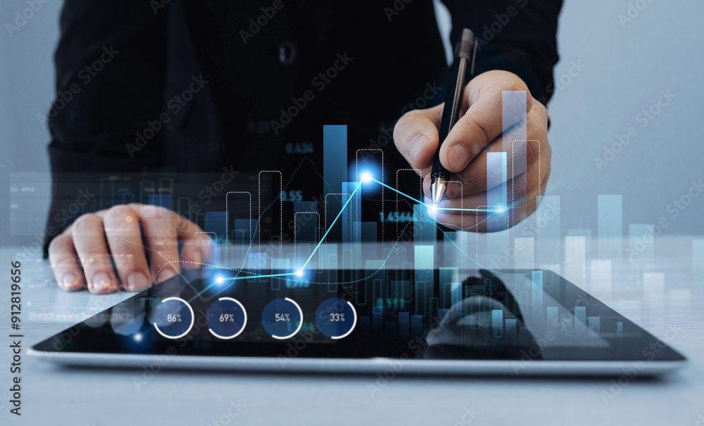 Leinwandbilder Growing graph and annual report for a successful development.Business arrow chart diagram, growth strategy and achieving goals with the rising arrow. Business strategy development  efficiency growth.