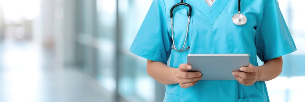 Healthcare professional in blue scrubs using a tablet, standing in a modern medical facility with a stethoscope around their neck.