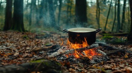 Cooking Over a Campfire in the Forest