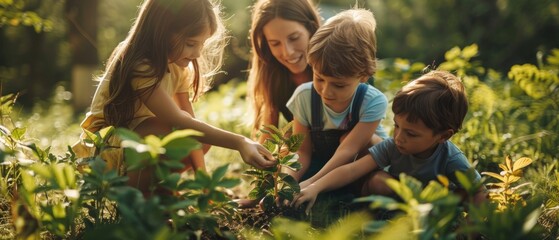 Woman and three children happily plant a young tree in a lush green field. Relaxed and content, they are focused on the activity in casual outdoor attire.