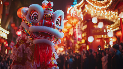 A vibrant scene of a traditional Chinese New Year parade featuring lion dancers in elaborate costumes, colorful floats, and enthusiastic crowds, all set against a backdrop of festive decorations 