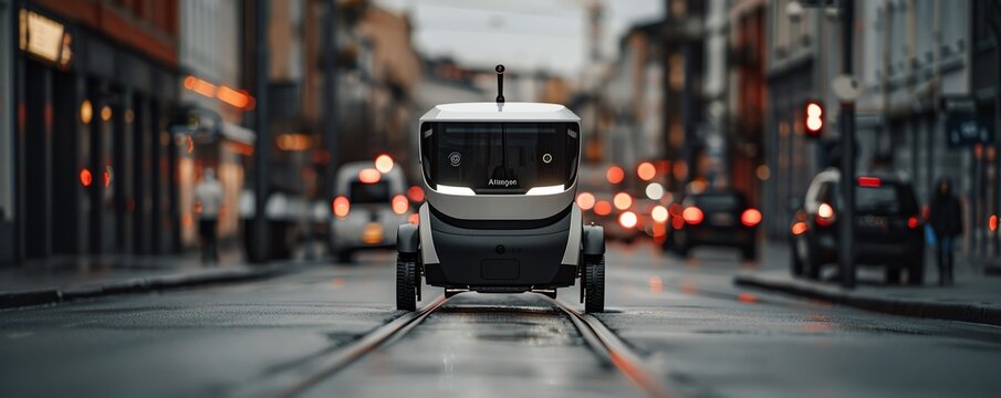 Autonomous delivery robot navigating city streets, urban logistics Efficient and smart, innovative and reliable, lastmile delivery