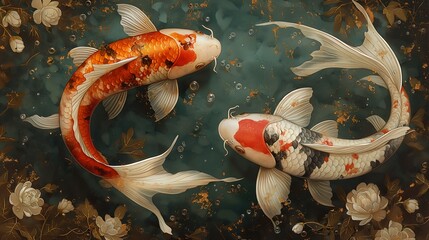yin yang koi fish, very detailed, on a clean dark background