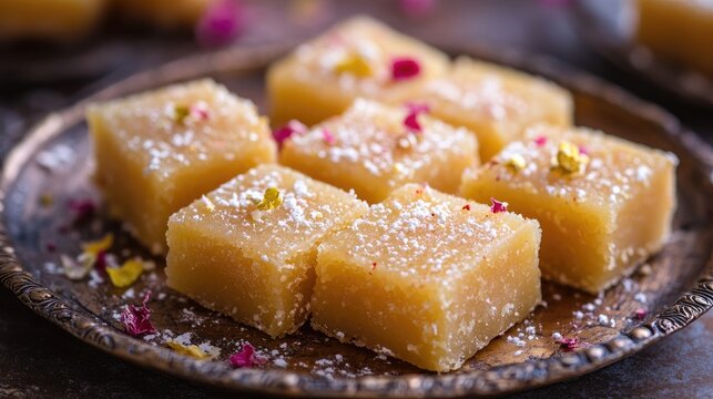 Traditional Dodha Barfi, an Indian sweet with a unique grainy texture. Perfect for festive and cultural food themes.