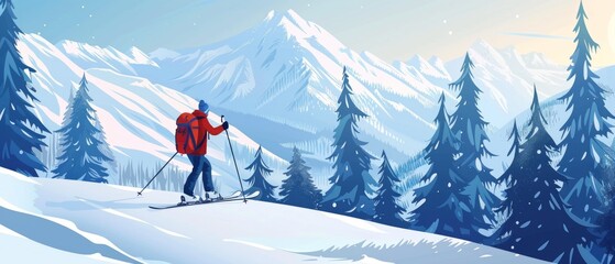A skier in red and black attire pauses on a snowy slope by tall trees overlooking misty mountains. Captures the tranquility of winter sports in a mountainous setting.