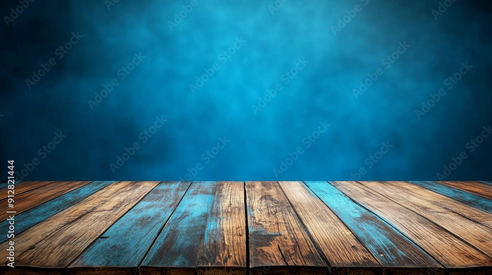 Poster an abstract blue background with an empty wooden table for presenting products