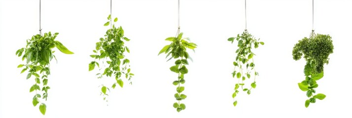Fototapeta premium Detailed set of green leaves floating on a transparent background. Design of a banner.