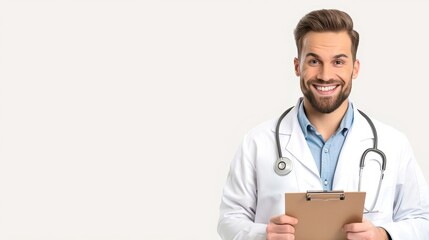 Fototapeta premium Smiling doctor with stethoscope holding clipboard, wearing white coat, isolated on light background. Professional medical healthcare concept.