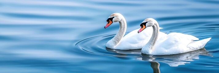Fototapeta premium Two graceful swans swimming together on a tranquil lake with crystal clear, calm blue water reflecting the serene beauty of nature.
