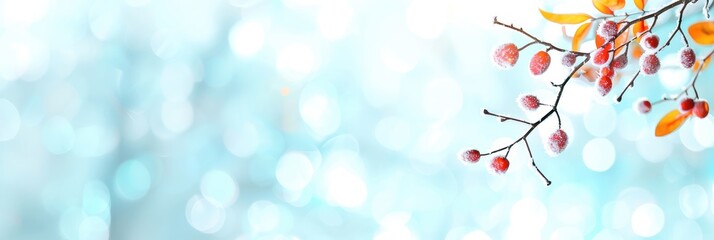 Fototapeta premium Vibrant autumn branch with red berries and leaves against a blurred blue bokeh background, capturing the essence of fall and nature's beauty.