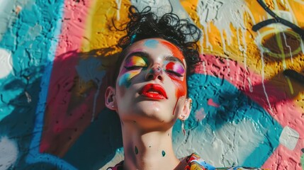 Vibrant portrait featuring a person with colorful makeup against a bright graffiti backdrop, showcasing art and expression.