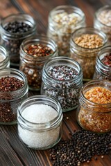 Various salt and pepper varieties in glass jars on wood