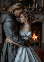 Fototapeta premium An intimate moment between a couple in elegant historical attire by a hearth, ideal for romance-themed media, period dramas, and historical romance book covers,
