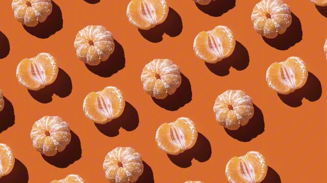 Stop motion of cut and whole tangerine appearing and disappearing on bright orange background. Wallpaper video for food or drink videos.
