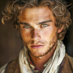 A rugged young man with curly hair and striking eyes stands against a dark background, giving a captivating stare ideal for use in advertisements promoting grooming products, fashion brands