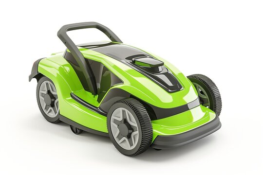 Bright Green Electric Lawn Mower on Display at a Summer Gardening Exhibition