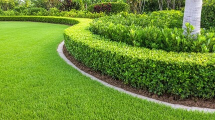 A serene garden features meticulously arranged greenery, colorful plants, and winding paths under a clear sky, inviting relaxation and exploration