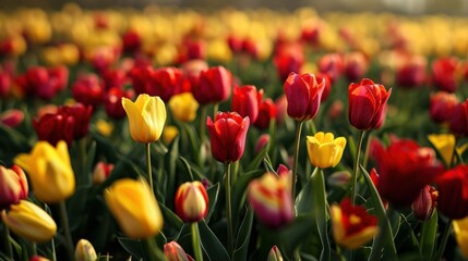Fototapeta premium A close-up of a field of red and yellow tulips, with the sun shining down on them.