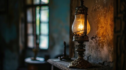 Ornate Brass Oil Lamp Glowing in Dark Room.