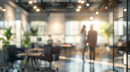 Modern open-plan office space with blurred background, showcasing contemporary design, ambient lighting, and silhouettes of workers, epitomizing a dynamic work environment.