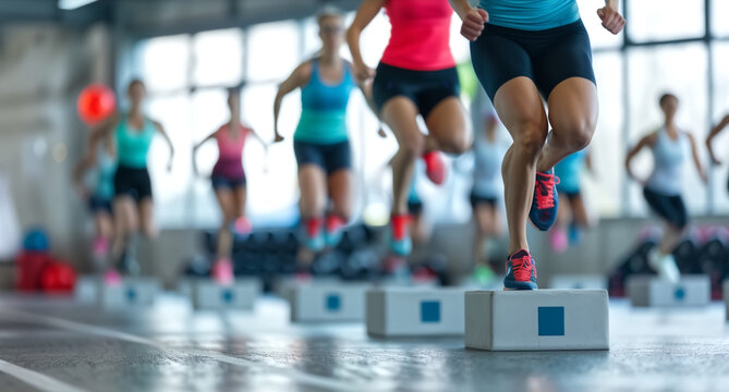 Group Fitness Class with Energetic Participants Engaging in High-Intensity Interval Training in a Modern Gym