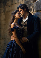 Fototapeta premium A romantic period scene featuring a couple in vintage clothing, leaning close in a dimly lit, rustic setting, perfect for historical romance themes, book covers, period drama promotions