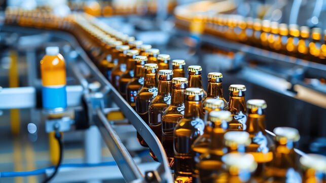 Conveyor transporting bottles in a beverage production line, factory environment Efficient and precise, reliable and essential, food and beverage industry