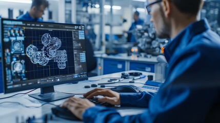 Engineer using CAD software to design mechanical parts, technical workspace Accurate and detailed, creative and reliable, engineering innovation