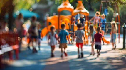 Blurred silhouettes of children playing on a vibrant playground, with colorful equipment in the background, capturing the joyful energy of outdoor recreation.