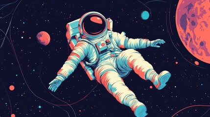 Vector illustrations of Y2K astronauts in space, ideal for creating retro-futuristic stickers, prints, and t-shirt designs. Stylish cosmonauts exploring the galaxy.
