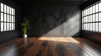 Fototapeta premium Empty room with black wall background wooden floor, Living room