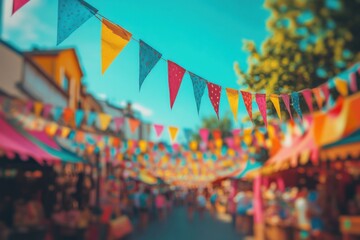 Colorful carnival bunting and flags on trees, summer festival