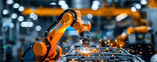 Industrial robot welding car parts, automotive manufacturing plant Precise and strong, efficient and reliable, automation in manufacturing