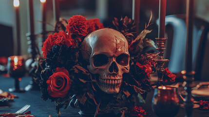 A detailed view of a spooky Halloween centerpiece on a dining table featuring a skull, candle holders, and dark flowers, with dim lighting enhancing the eerie atmosphere for the Halloween Celebration 