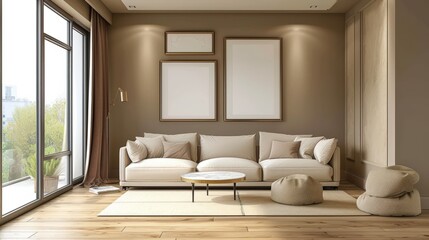 Modern living room with beige couch, coffee table and rug, and two empty picture frames on the wall.