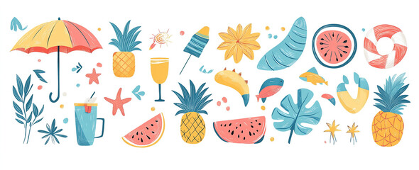 Tropical Bitmaps: Hand-Drawn Abstract Summer Motifs Vector Set, Ready for Trendy and Colorful Artwork Creations
