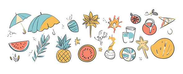 Fototapeta premium Seaside Playfuls: Hand-Drawn Vector Art Featuring Summer Symbols and Elements, Perfect for Vibrant Design Projects