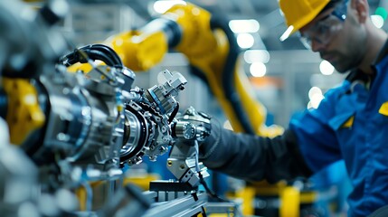 Mechanic inspecting a robotic arm, hightech manufacturing Advanced and precise, innovative and reliable, automation maintenance