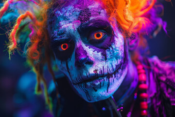 Scary Zombie in a Colorful Composition with Pink or Purple Background. Illustration