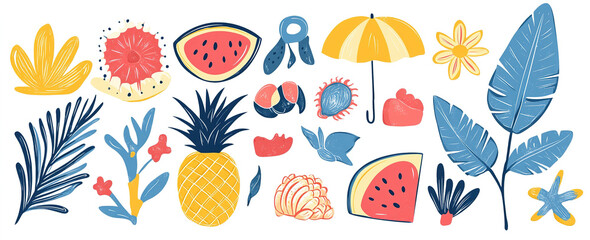 Seaside Playfuls: Hand-Drawn Vector Art Featuring Summer Symbols and Elements, Perfect for Vibrant Design Projects